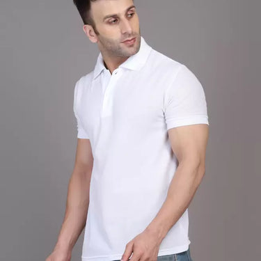 Men Solid Polo Neck Cotton Blend White T-Shirt