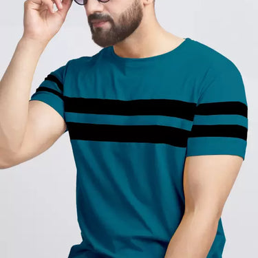 Men Striped Round Neck Cotton Blend Blue, Black T-Shirt