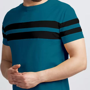 Men Striped Round Neck Cotton Blend Blue, Black T-Shirt