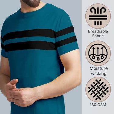 Men Striped Round Neck Cotton Blend Blue, Black T-Shirt