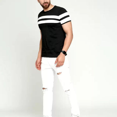 Men Striped Round Neck Cotton Blend Black, White T-Shirt