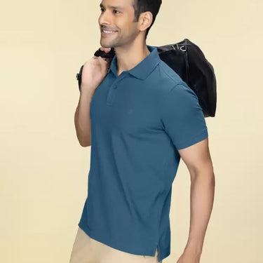 Men Solid Polo Neck Pure Cotton Blue T-Shirt