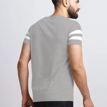 Men Striped Round Neck Cotton Blend Grey, White T-Shirt