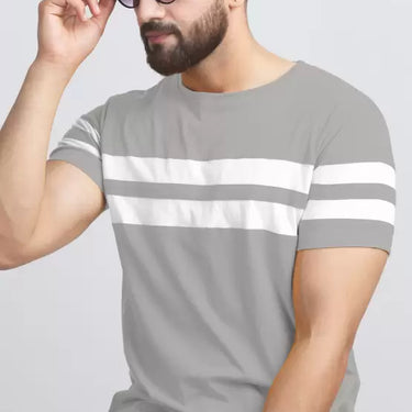 Men Striped Round Neck Cotton Blend Grey, White T-Shirt