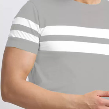 Men Striped Round Neck Cotton Blend Grey, White T-Shirt